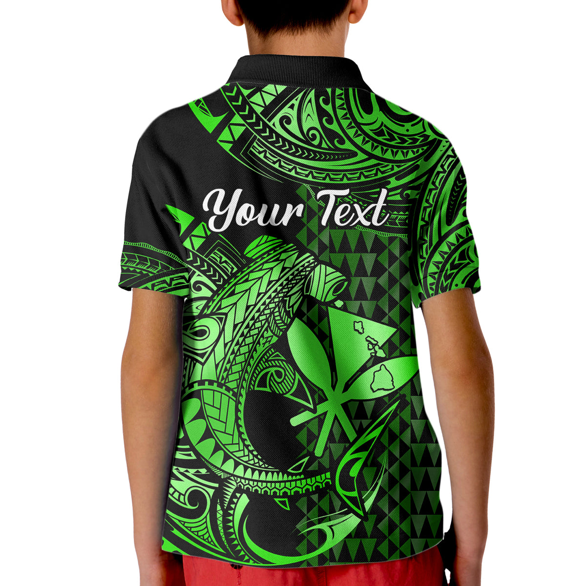 Custom Hawaii Hammerhead Shark Polo Shirt for Kid Polynesian Kakau With Kanaka Green - Wonder Print Shop