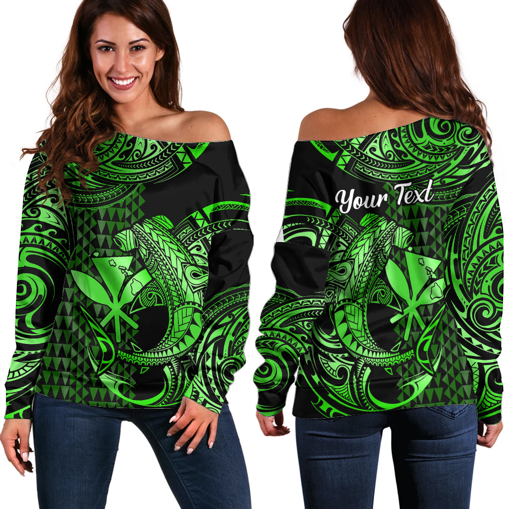(Custom Personalised) Hawaii Hammerhead Shark Off Shoulder Sweater Polynesian Kakau With Kanaka Green - Wonder Print Shop