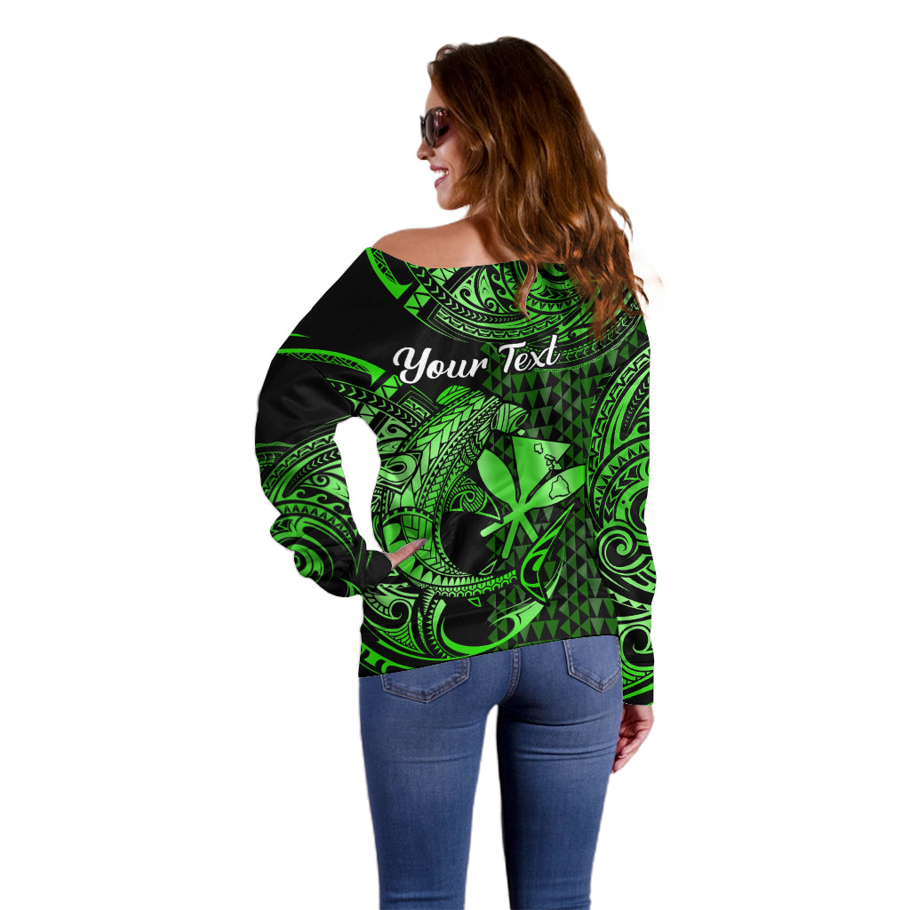 (Custom Personalised) Hawaii Hammerhead Shark Off Shoulder Sweater Polynesian Kakau With Kanaka Green - Wonder Print Shop