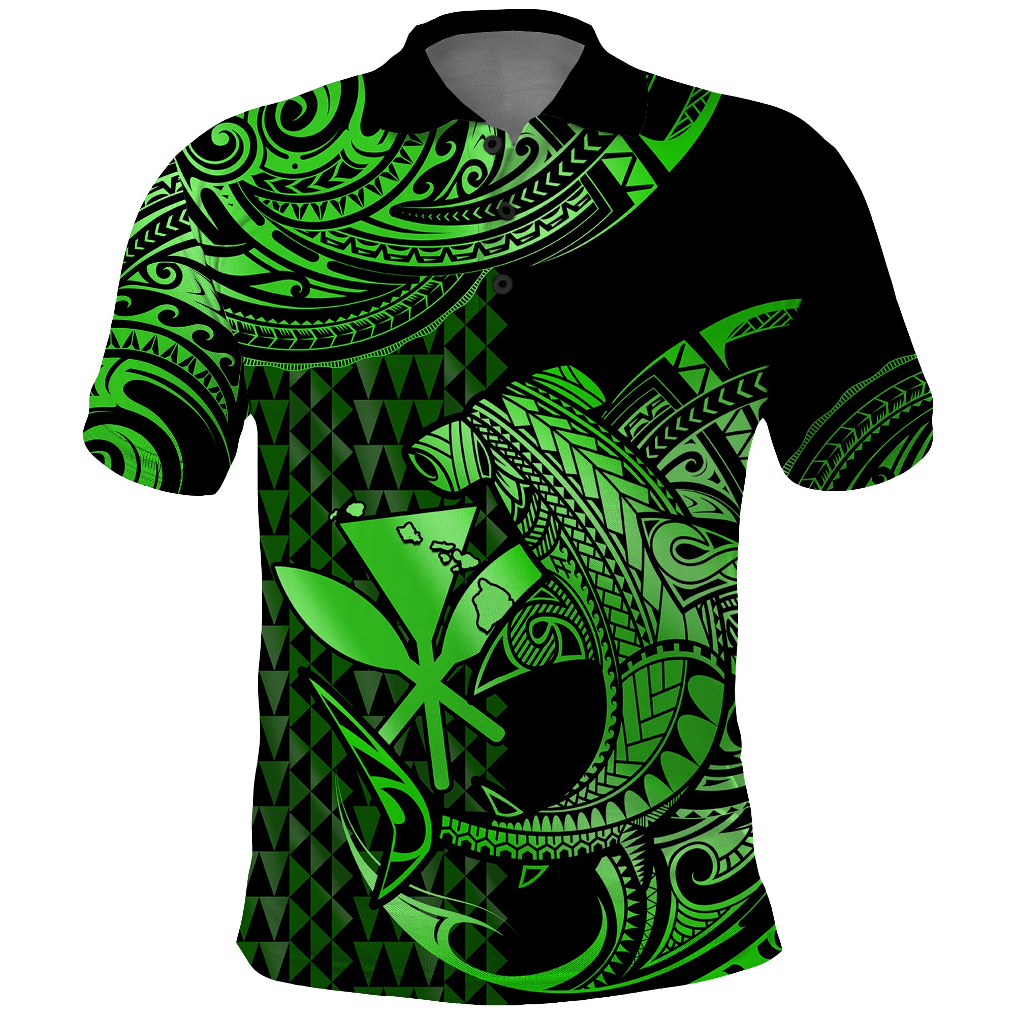 Custom Hawaii Hammerhead Shark Polynesian Tatoo Polo Shirt Polynesian Kakau With Kanaka Green - Wonder Print Shop