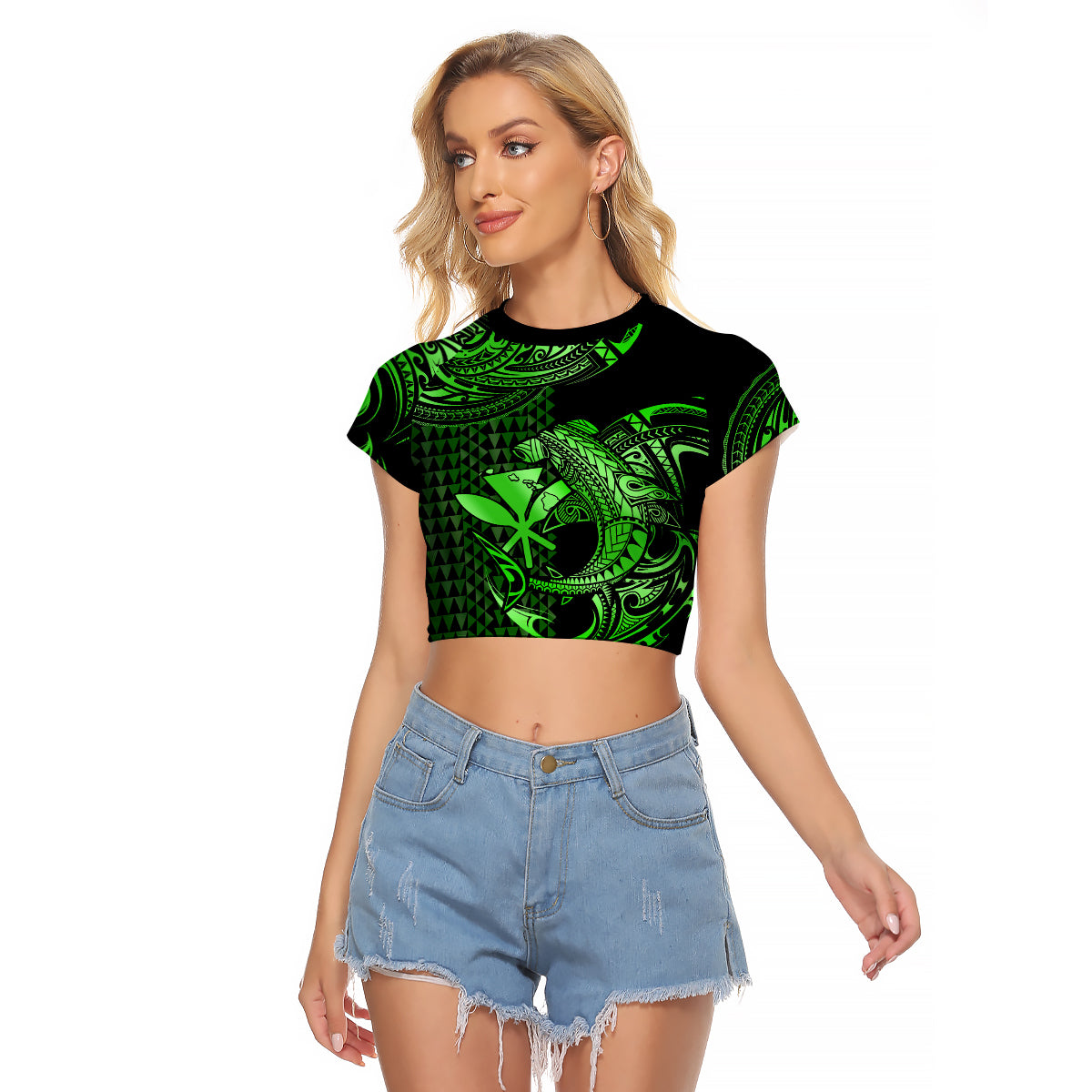 (Custom Personalised) Hawaii Hammerhead Shark Raglan Cropped T Shirt Polynesian Kakau With Kanaka Green - Wonder Print Shop
