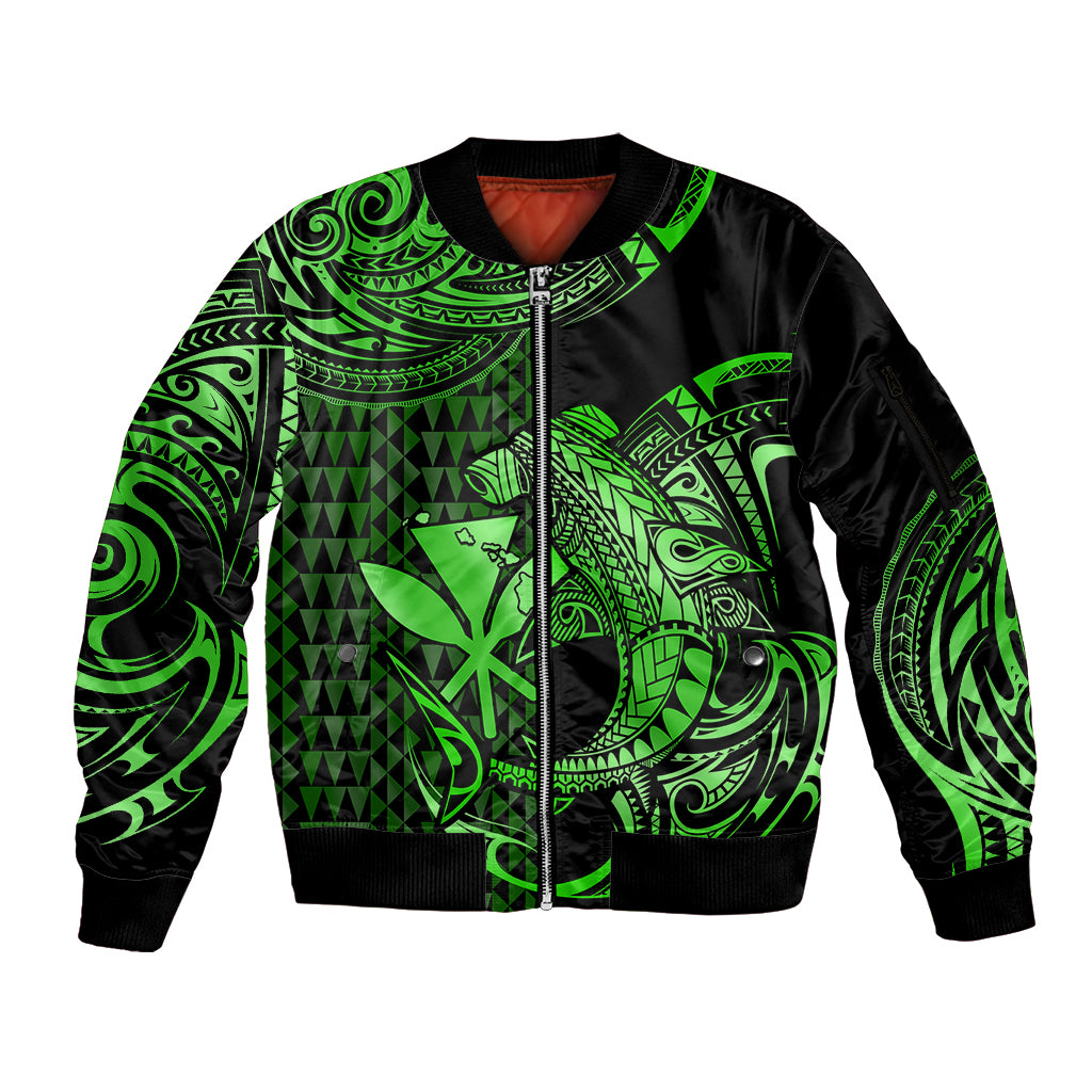 (Custom Personalised) Hawaii Hammerhead Shark Sleeve Zip Bomber Jacket Polynesian Kakau With Kanaka Green - Wonder Print Shop
