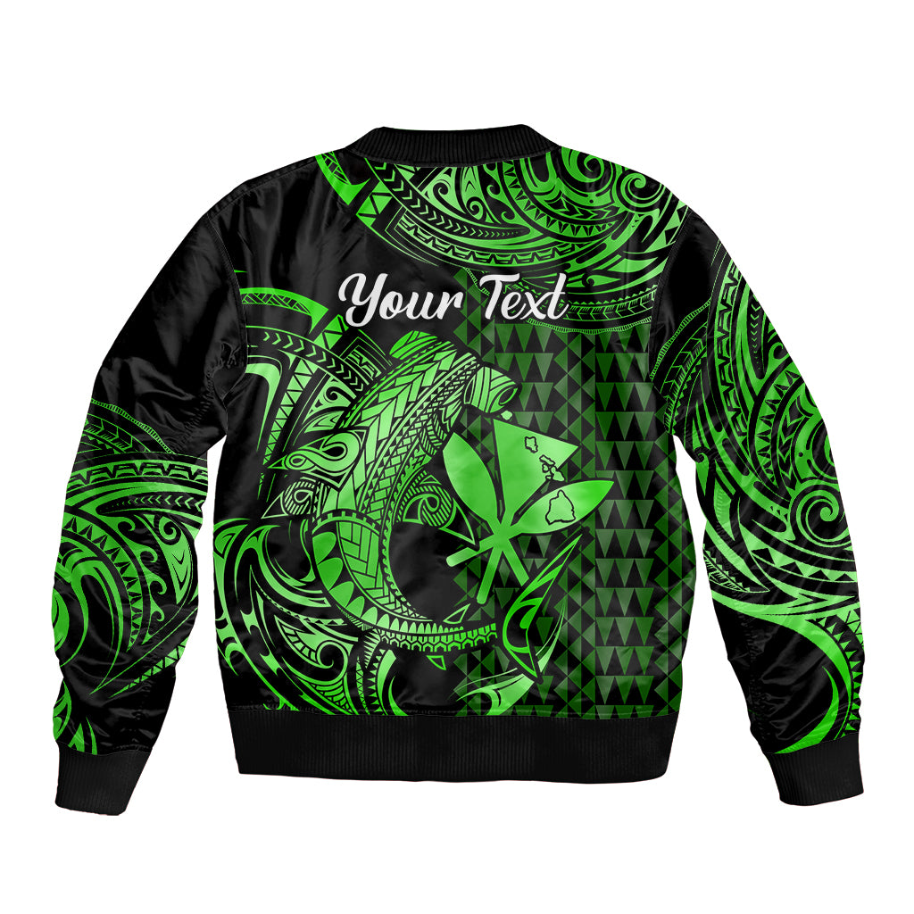 (Custom Personalised) Hawaii Hammerhead Shark Sleeve Zip Bomber Jacket Polynesian Kakau With Kanaka Green - Wonder Print Shop