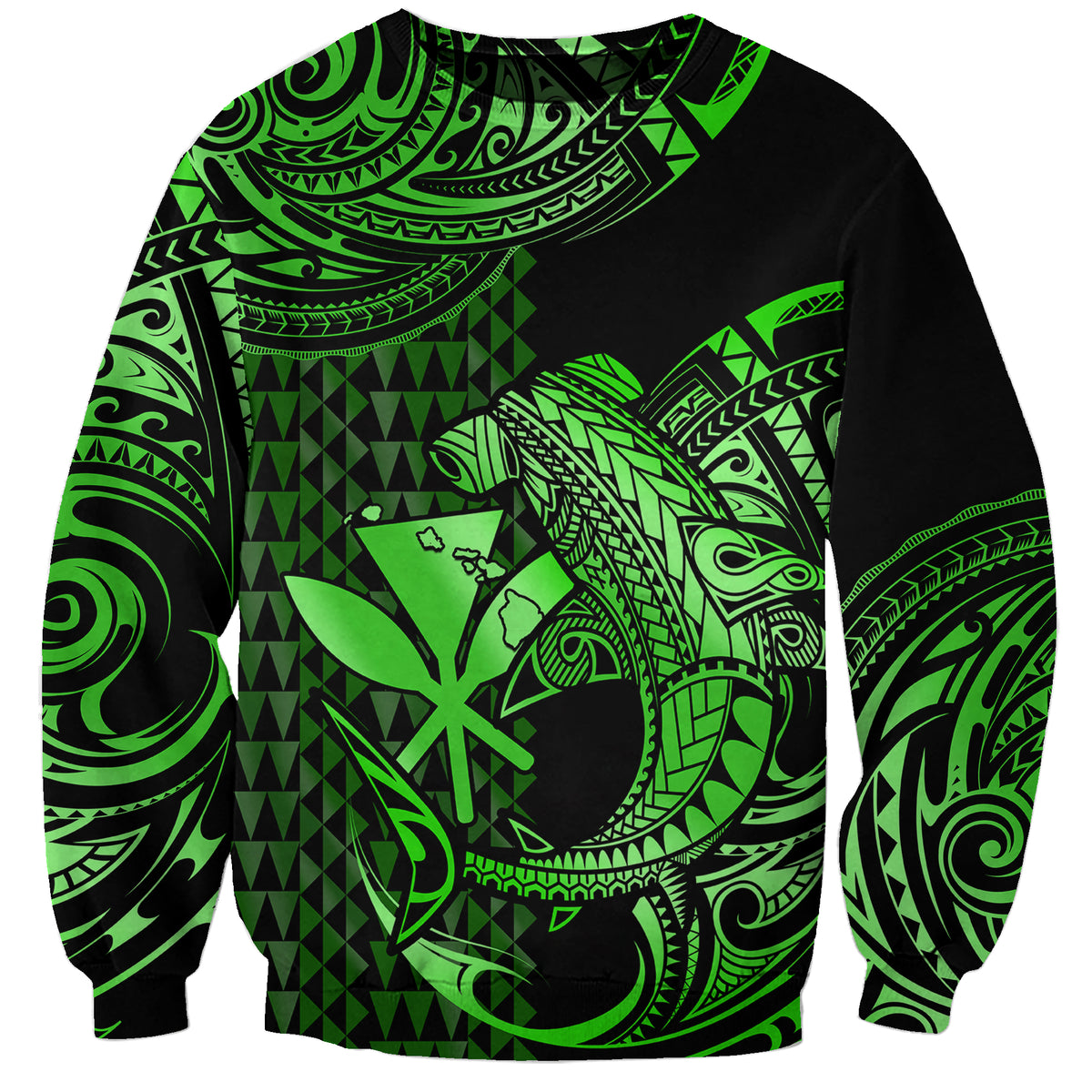(Custom Personalised) Hawaii Hammerhead Shark Sweatshirt Polynesian Kakau With Kanaka Green - Wonder Print Shop