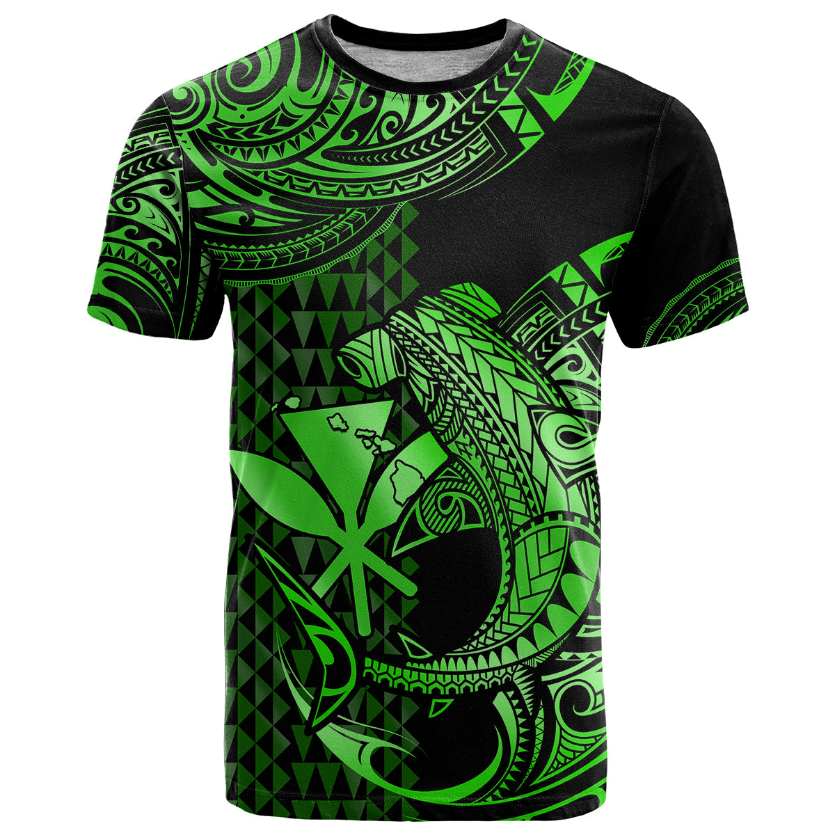 Custom Hawaii Hammerhead Shark T Shirt Polynesian Kakau With Kanaka Green - Wonder Print Shop