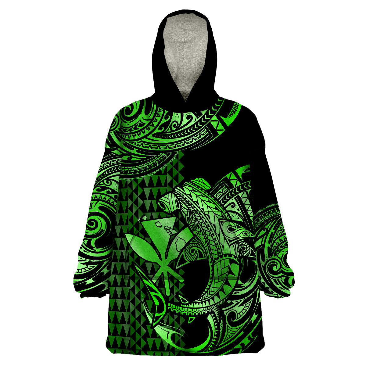 (Custom Personalised) Hawaii Hammerhead Shark Wearable Blanket Hoodie Polynesian Kakau With Kanaka Green - Wonder Print Shop