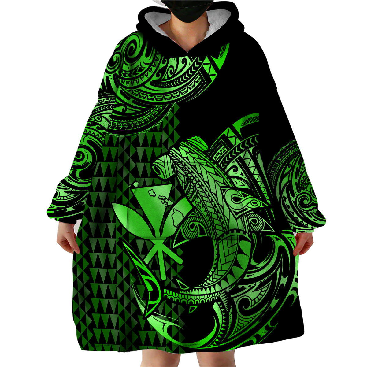 (Custom Personalised) Hawaii Hammerhead Shark Wearable Blanket Hoodie Polynesian Kakau With Kanaka Green - Wonder Print Shop
