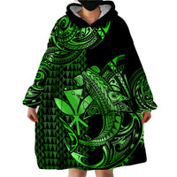 (Custom Personalised) Hawaii Hammerhead Shark Wearable Blanket Hoodie Polynesian Kakau With Kanaka Green - Wonder Print Shop