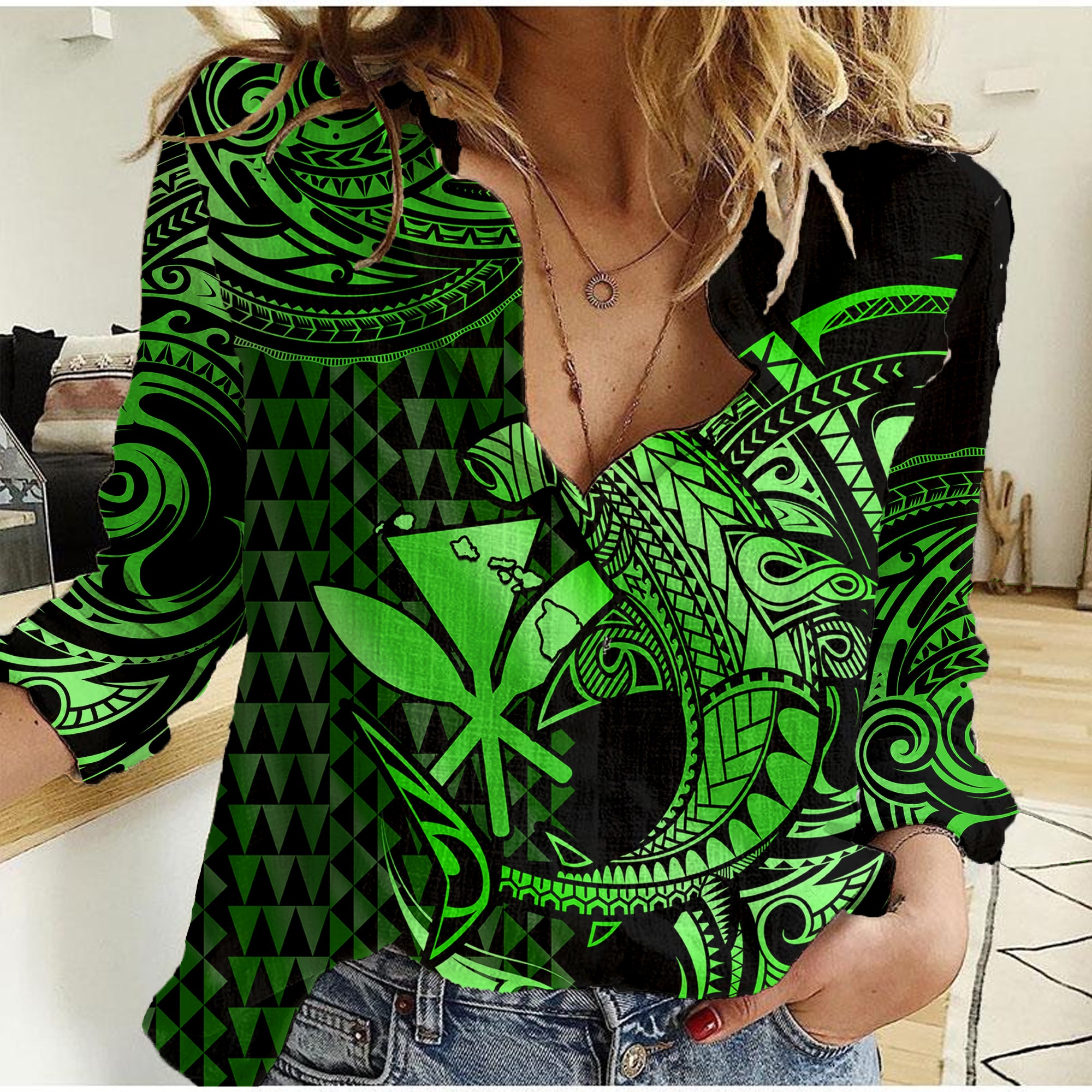 (Custom Personalised) Hawaii Hammerhead Shark Women Casual Shirt Polynesian Kakau With Kanaka Green - Wonder Print Shop
