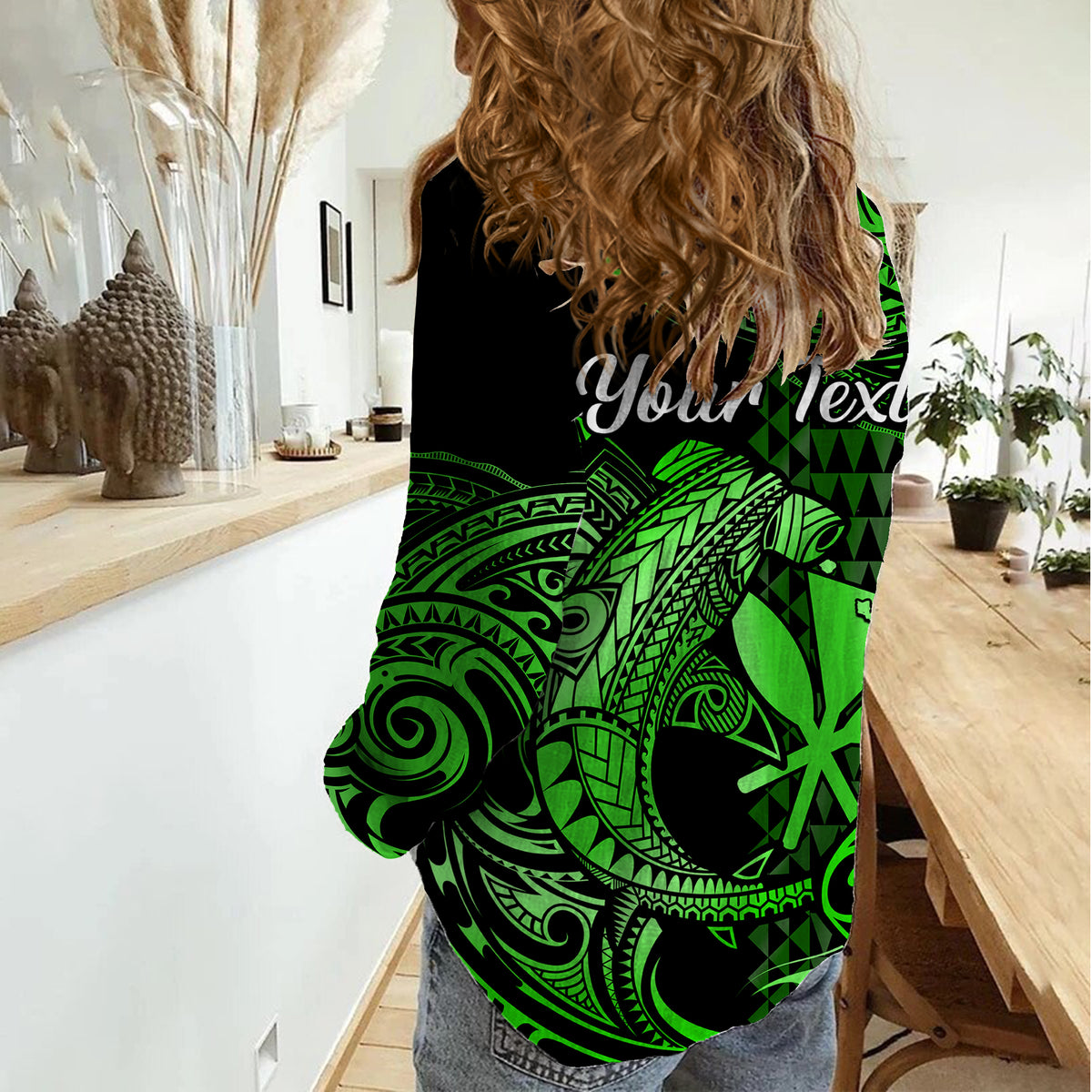 (Custom Personalised) Hawaii Hammerhead Shark Women Casual Shirt Polynesian Kakau With Kanaka Green - Wonder Print Shop
