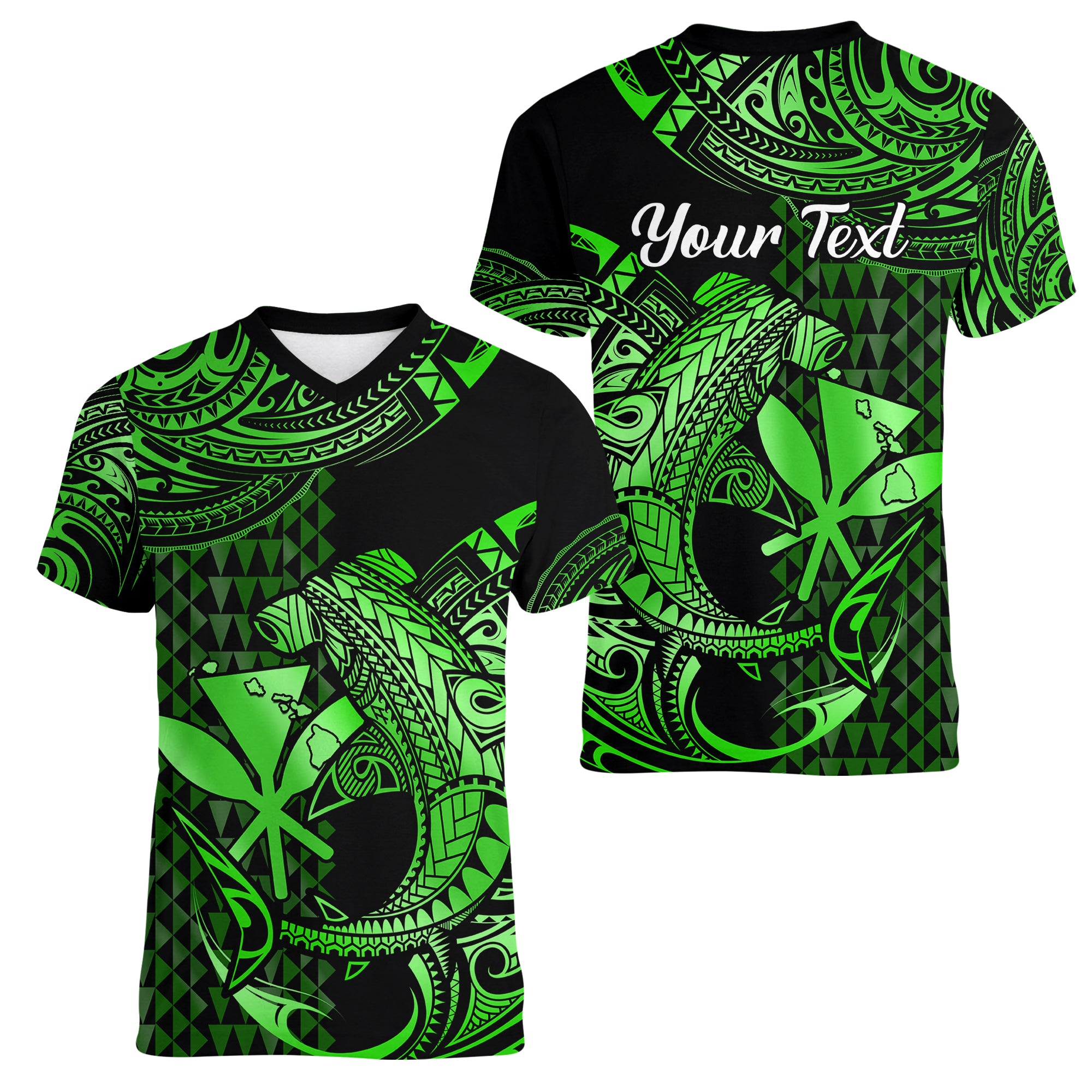 (Custom Personalised) Hawaii Hammerhead Shark Women V Neck T Shirt Polynesian Kakau With Kanaka Green - Wonder Print Shop