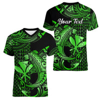 (Custom Personalised) Hawaii Hammerhead Shark Women V Neck T Shirt Polynesian Kakau With Kanaka Green - Wonder Print Shop