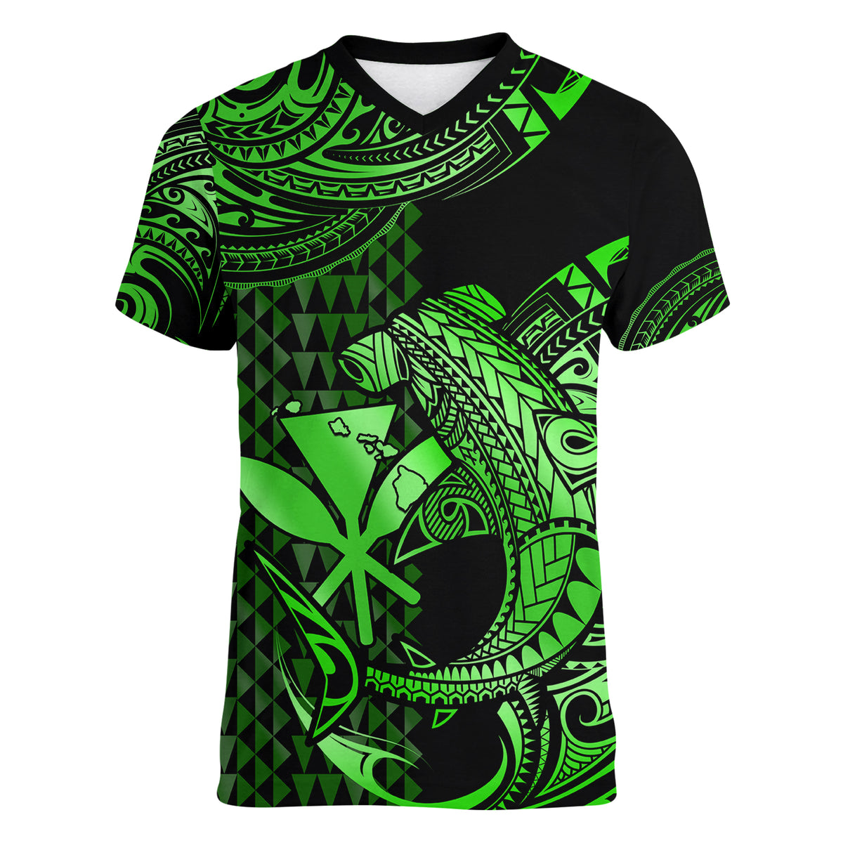 (Custom Personalised) Hawaii Hammerhead Shark Women V Neck T Shirt Polynesian Kakau With Kanaka Green - Wonder Print Shop
