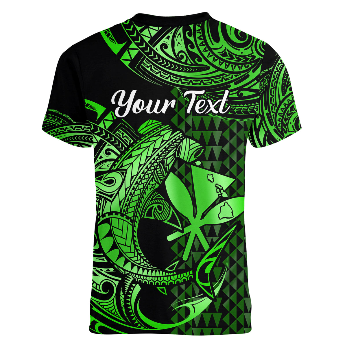 (Custom Personalised) Hawaii Hammerhead Shark Women V Neck T Shirt Polynesian Kakau With Kanaka Green - Wonder Print Shop