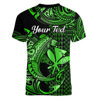 (Custom Personalised) Hawaii Hammerhead Shark Women V Neck T Shirt Polynesian Kakau With Kanaka Green - Wonder Print Shop