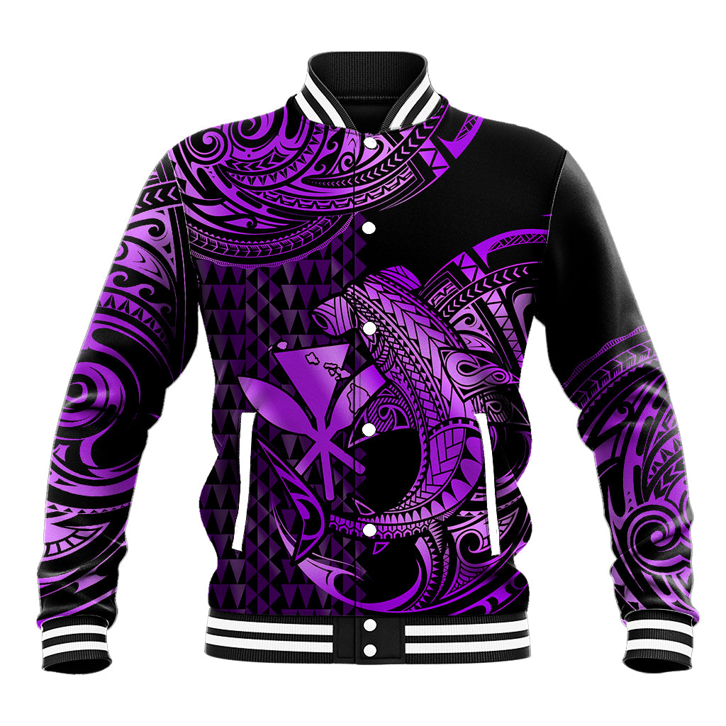 (Custom Personalised) Hawaii Hammerhead Shark Baseball Jacket Polynesian Kakau With Kanaka Purple - Wonder Print Shop