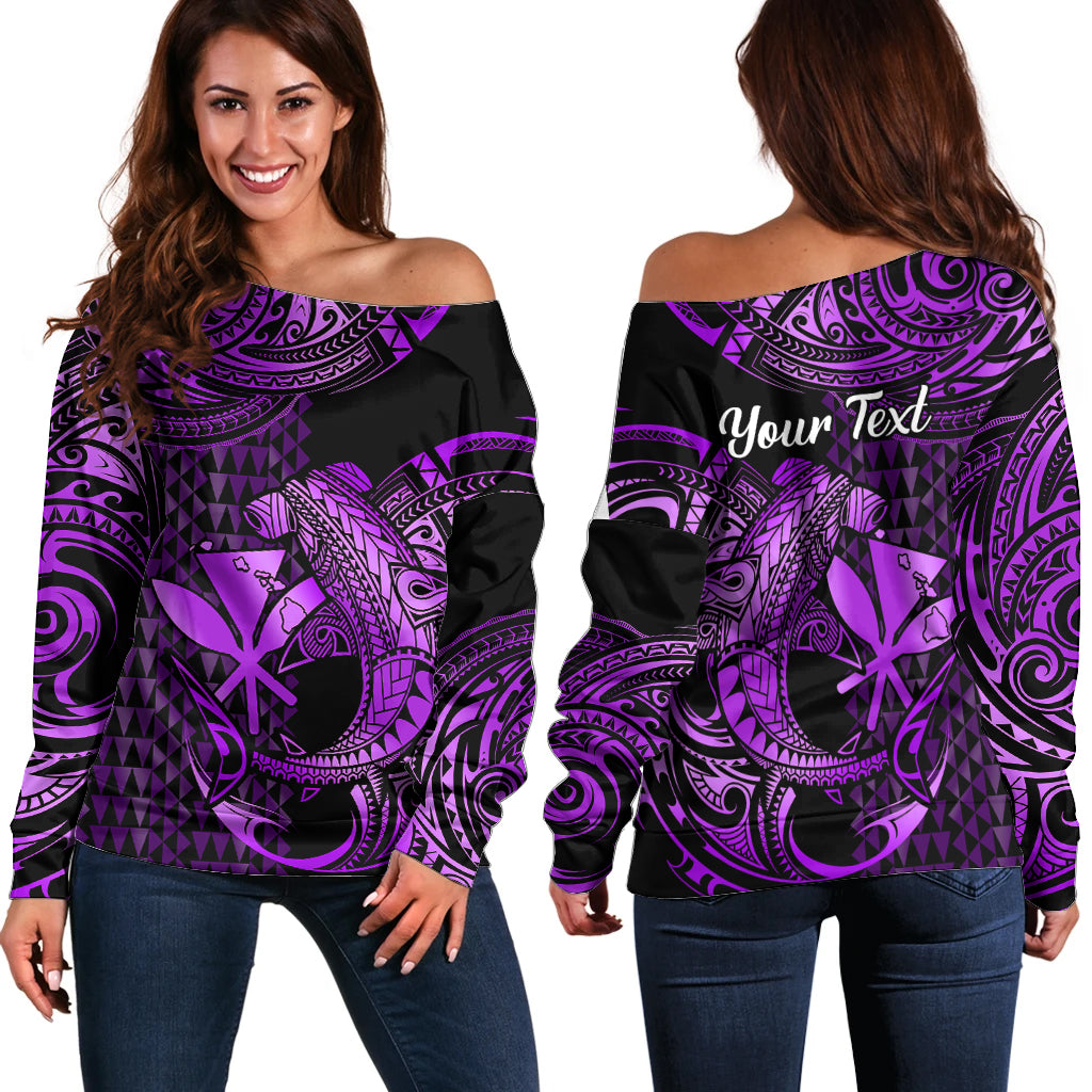 (Custom Personalised) Hawaii Hammerhead Shark Off Shoulder Sweater Polynesian Kakau With Kanaka Purple - Wonder Print Shop