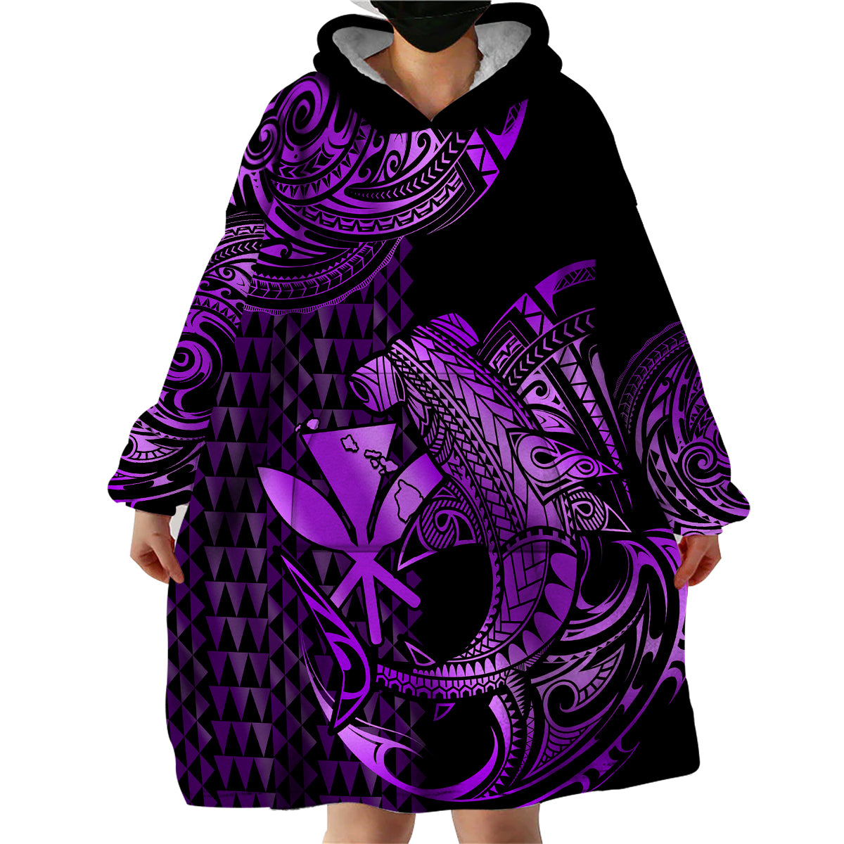 (Custom Personalised) Hawaii Hammerhead Shark Wearable Blanket Hoodie Polynesian Kakau With Kanaka Purple - Wonder Print Shop