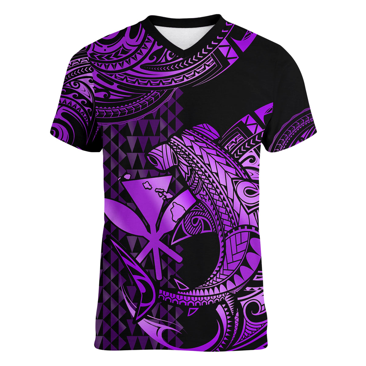 (Custom Personalised) Hawaii Hammerhead Shark Women V Neck T Shirt Polynesian Kakau With Kanaka Purple - Wonder Print Shop
