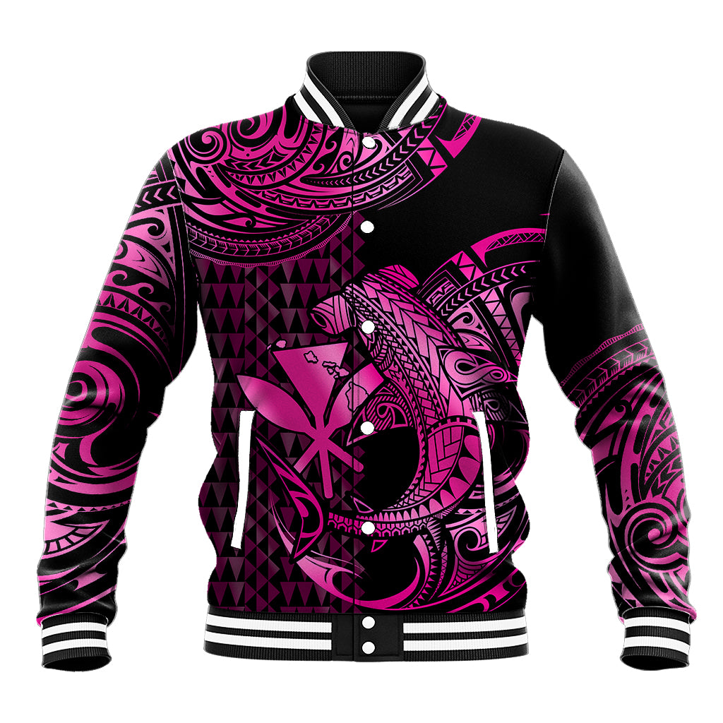 (Custom Personalised) Hawaii Hammerhead Shark Baseball Jacket Polynesian Kakau With Kanaka Pink - Wonder Print Shop