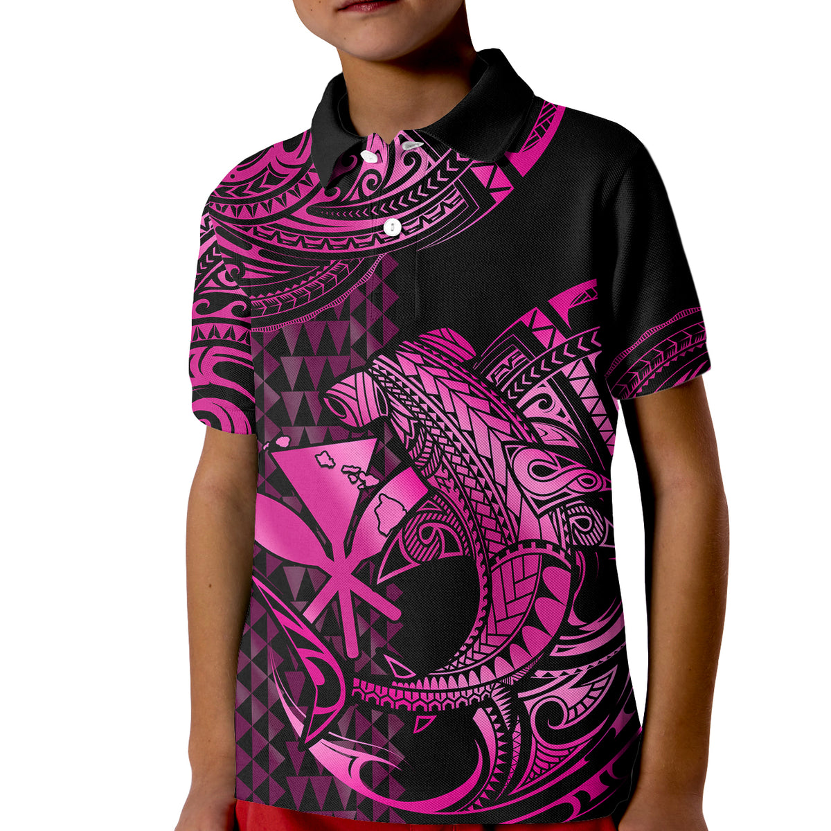 Custom Hawaii Hammerhead Shark Polo Shirt for Kid Polynesian Kakau With Kanaka Pink - Wonder Print Shop