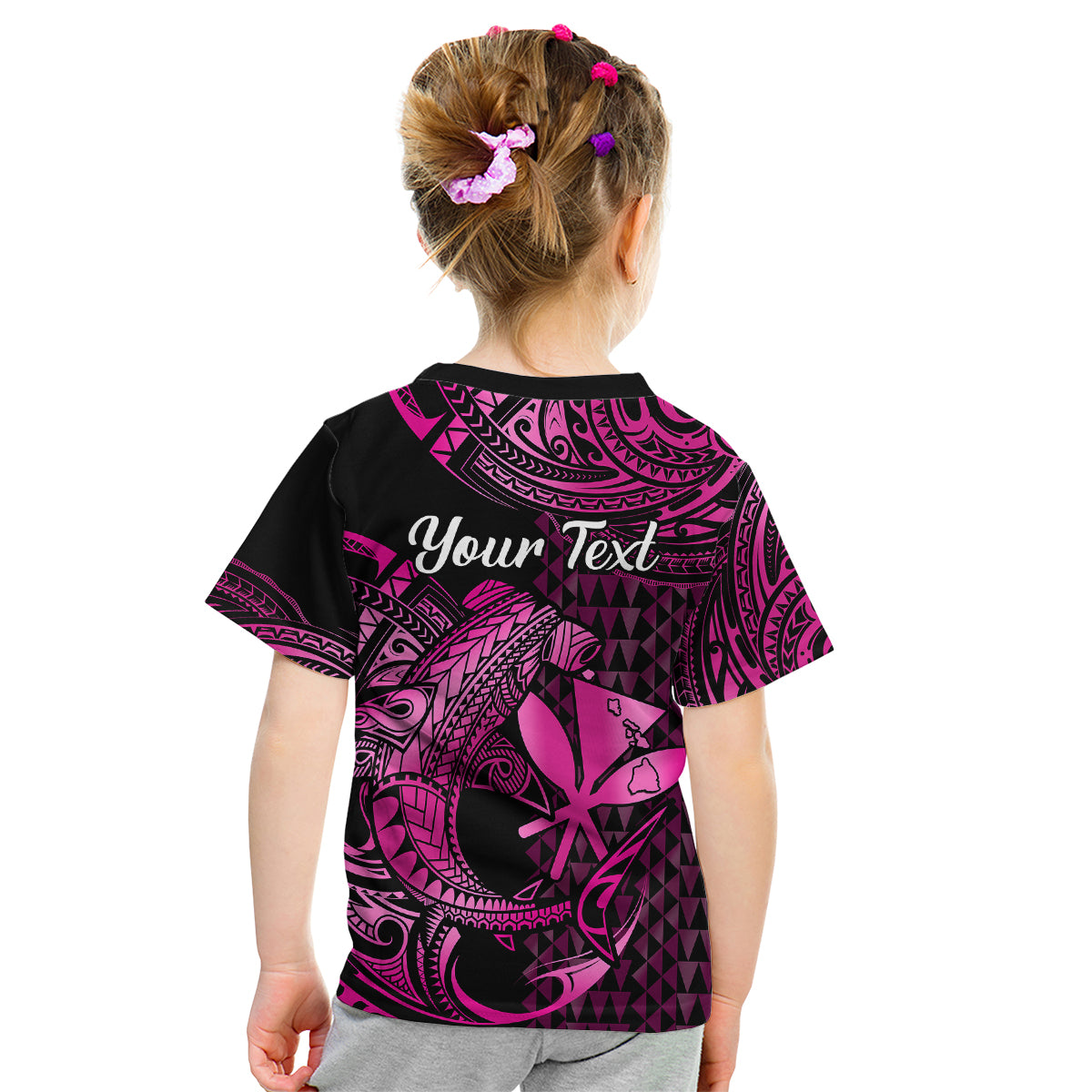 (Custom Personalised) Hawaii Hammerhead Shark Kid T Shirt Polynesian Kakau With Kanaka Pink - Wonder Print Shop