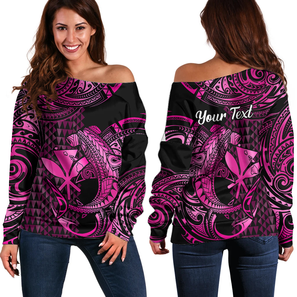 (Custom Personalised) Hawaii Hammerhead Shark Off Shoulder Sweater Polynesian Kakau With Kanaka Pink - Wonder Print Shop