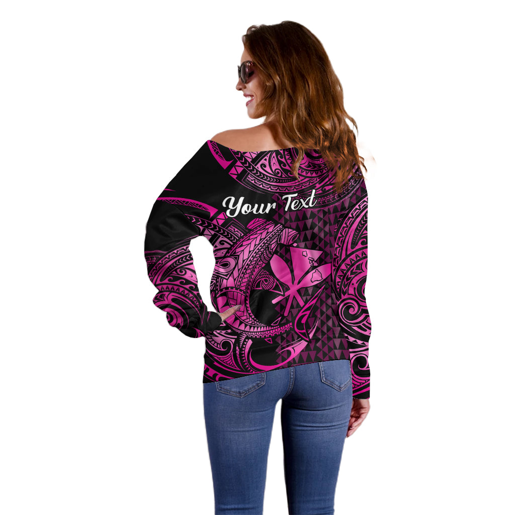 (Custom Personalised) Hawaii Hammerhead Shark Off Shoulder Sweater Polynesian Kakau With Kanaka Pink - Wonder Print Shop