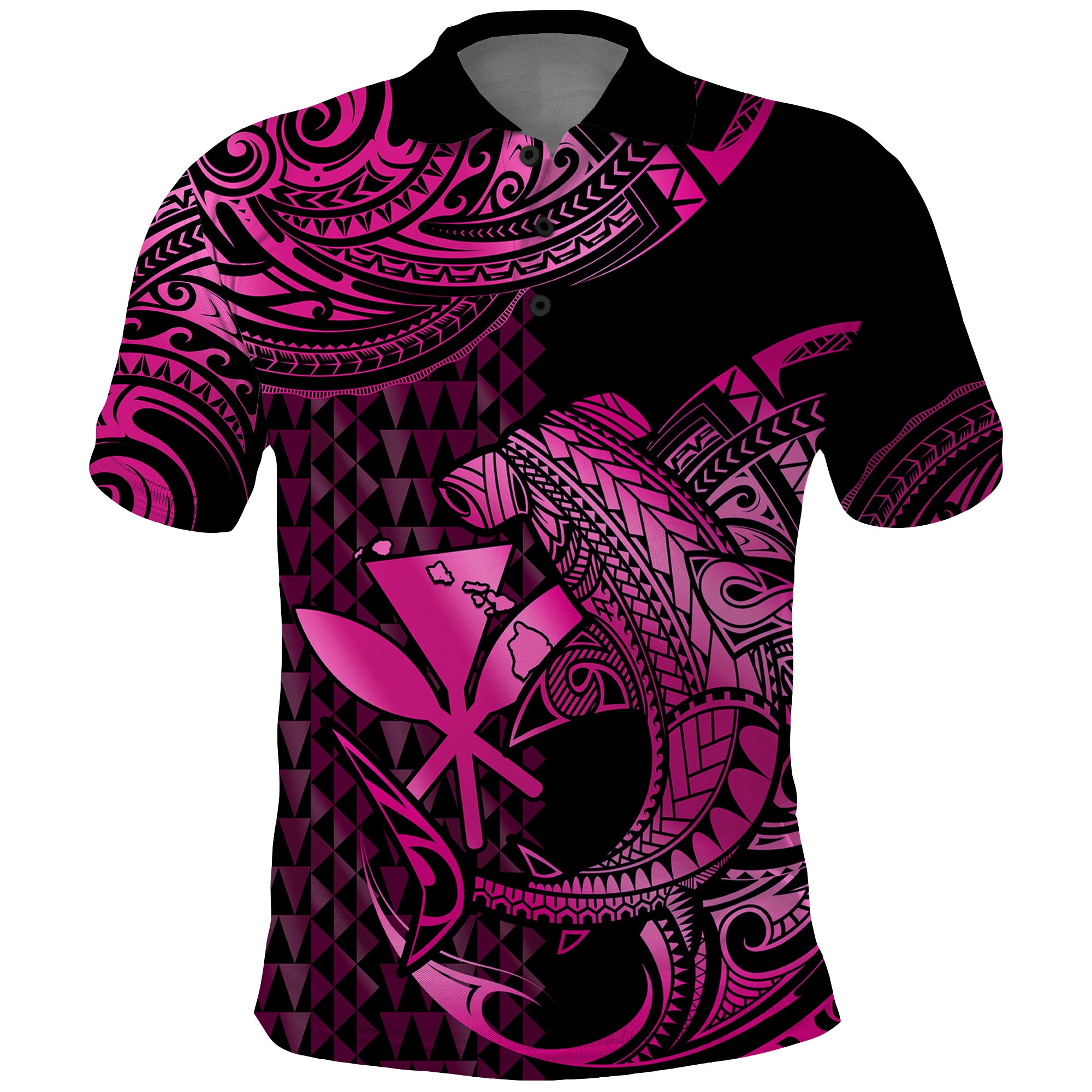Custom Hawaii Hammerhead Shark Polynesian Tatoo Polo Shirt Polynesian Kakau With Kanaka Pink - Wonder Print Shop