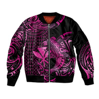 (Custom Personalised) Hawaii Hammerhead Shark Sleeve Zip Bomber Jacket Polynesian Kakau With Kanaka Pink - Wonder Print Shop