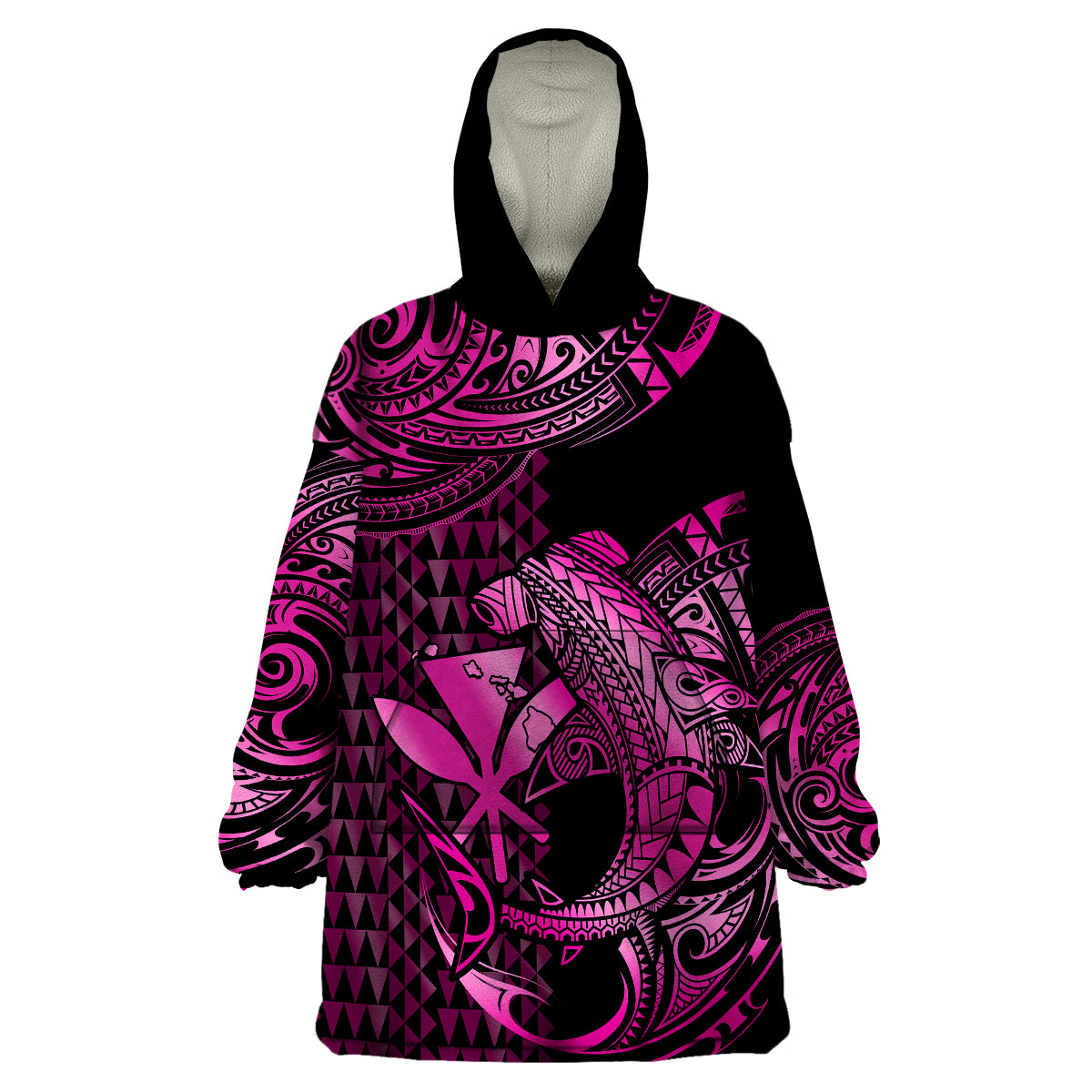 (Custom Personalised) Hawaii Hammerhead Shark Wearable Blanket Hoodie Polynesian Kakau With Kanaka Pink - Wonder Print Shop