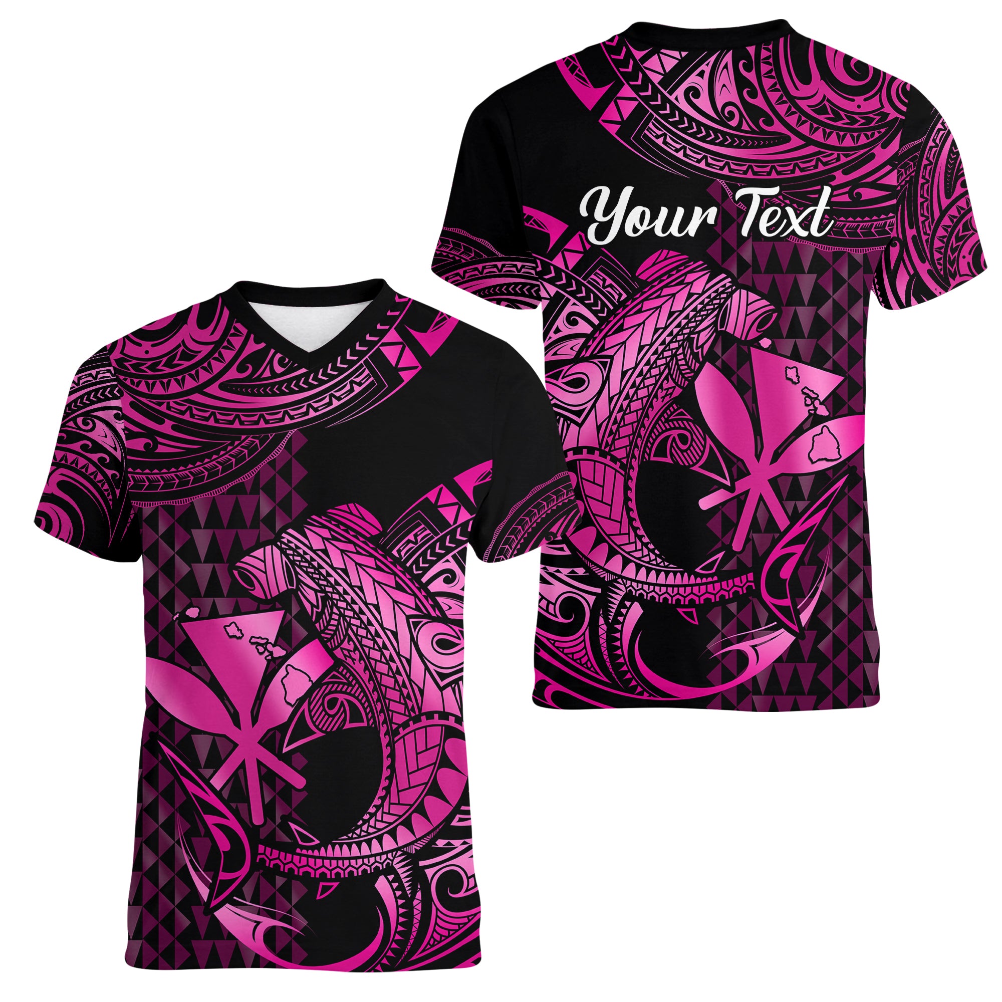(Custom Personalised) Hawaii Hammerhead Shark Women V Neck T Shirt Polynesian Kakau With Kanaka Pink - Wonder Print Shop
