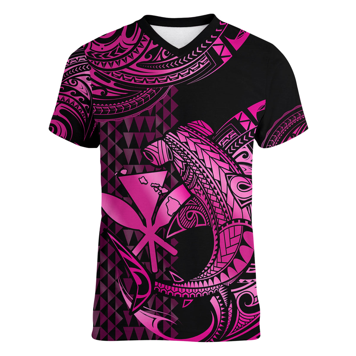 (Custom Personalised) Hawaii Hammerhead Shark Women V Neck T Shirt Polynesian Kakau With Kanaka Pink - Wonder Print Shop