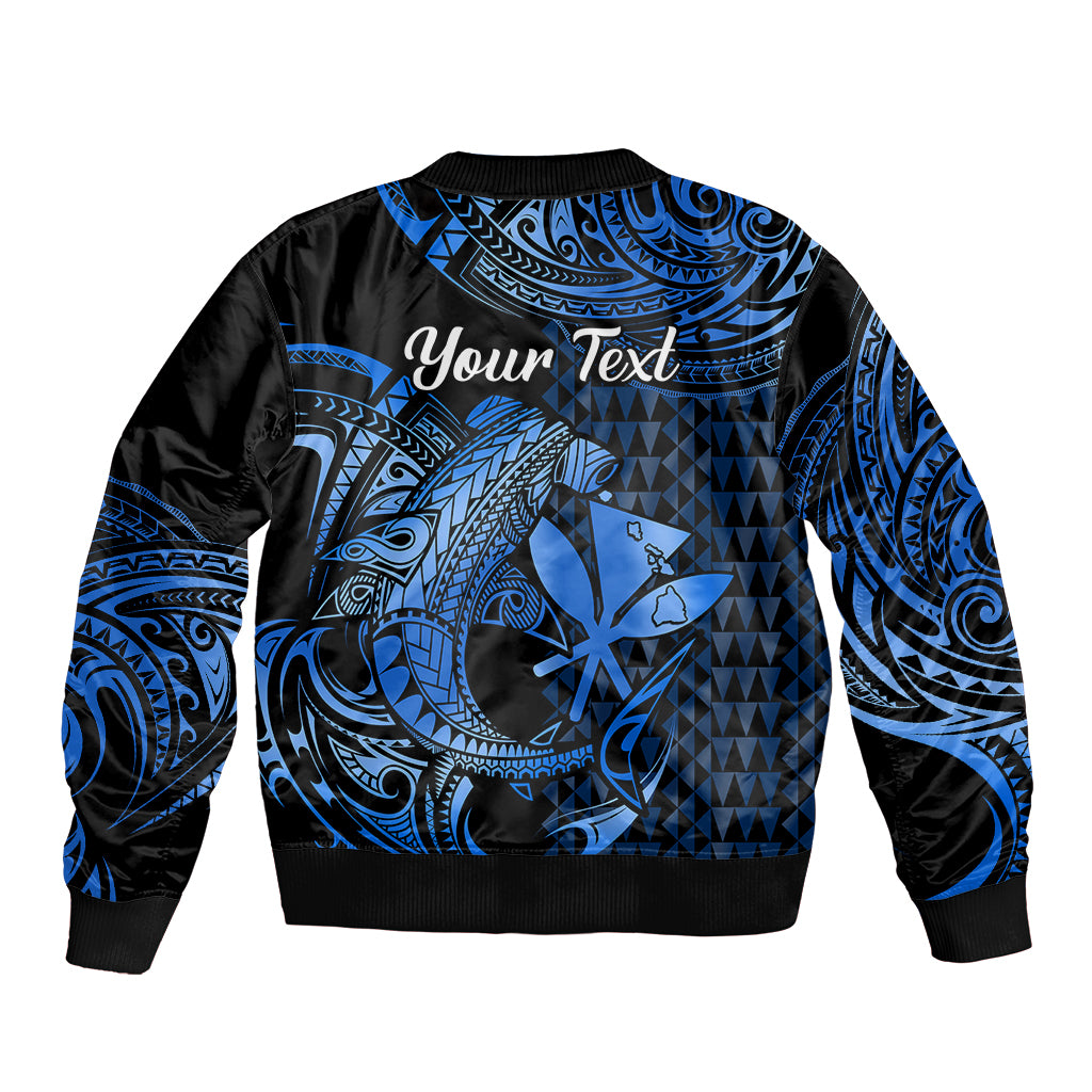 (Custom Personalised) Hawaii Hammerhead Shark Bomber Jacket Polynesian Kakau With Kanaka Blue - Wonder Print Shop