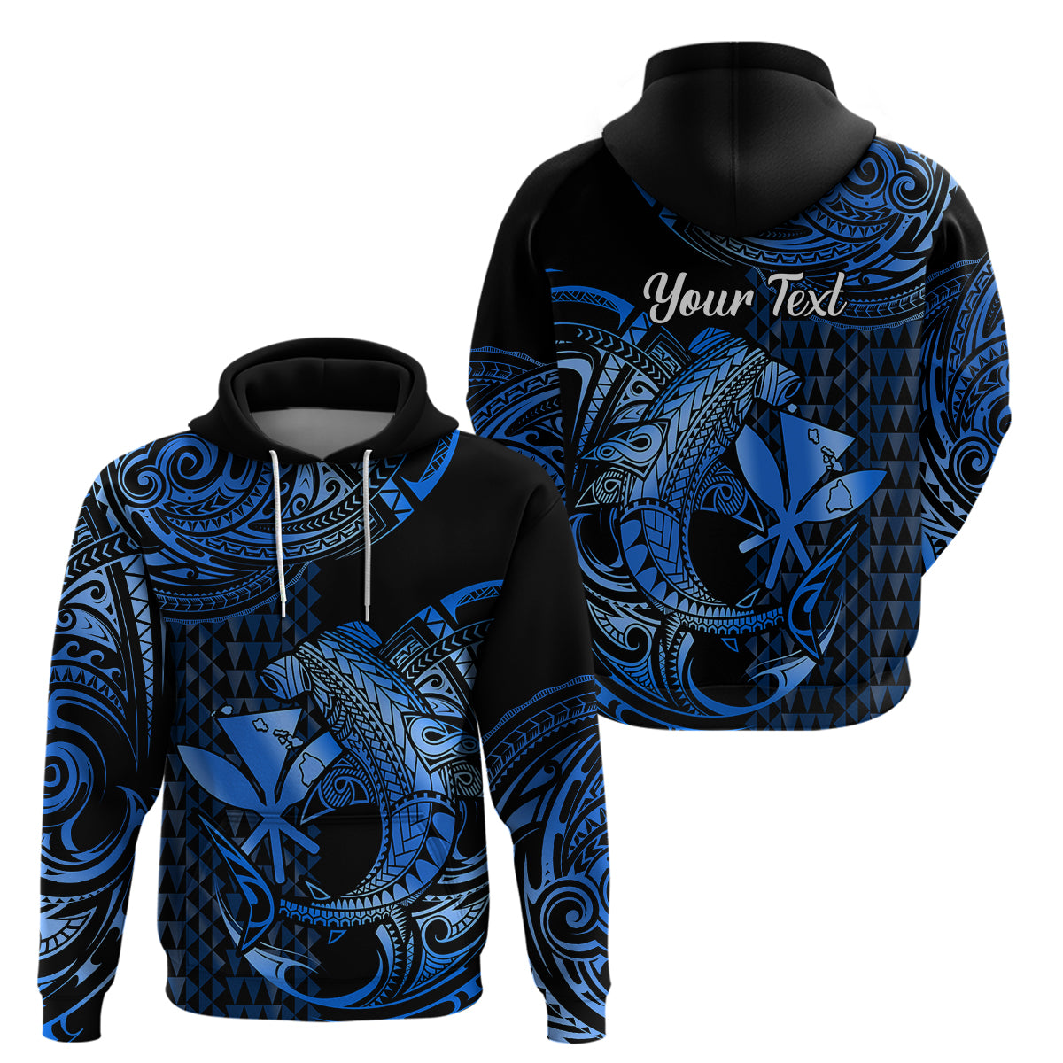 Custom Hawaii Hammerhead Shark Polynesian Hoodie Polynesian Kakau With Kanaka Blue - Wonder Print Shop