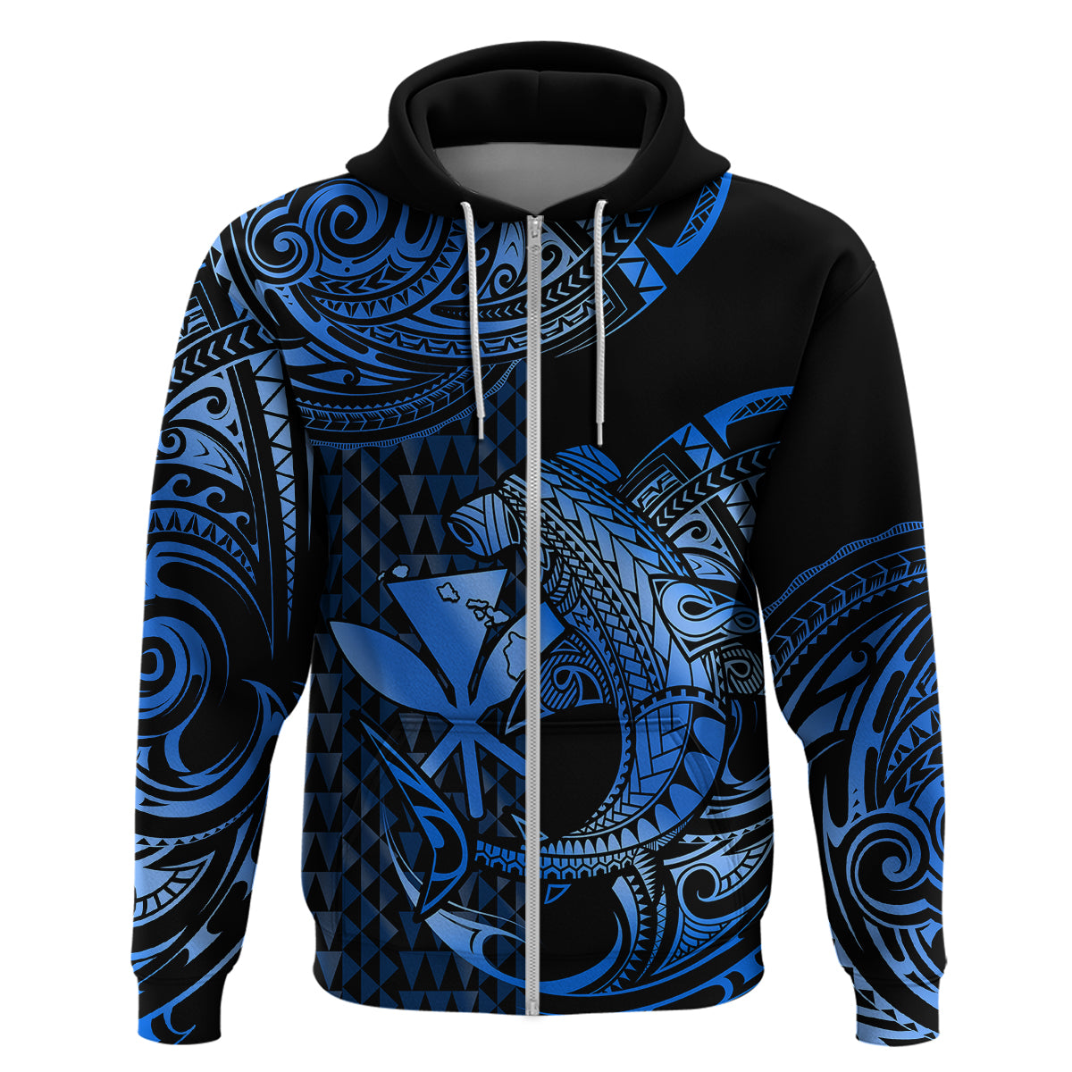 Custom Hawaii Hammerhead Shark Polynesian Hoodie Polynesian Kakau With Kanaka Blue - Wonder Print Shop
