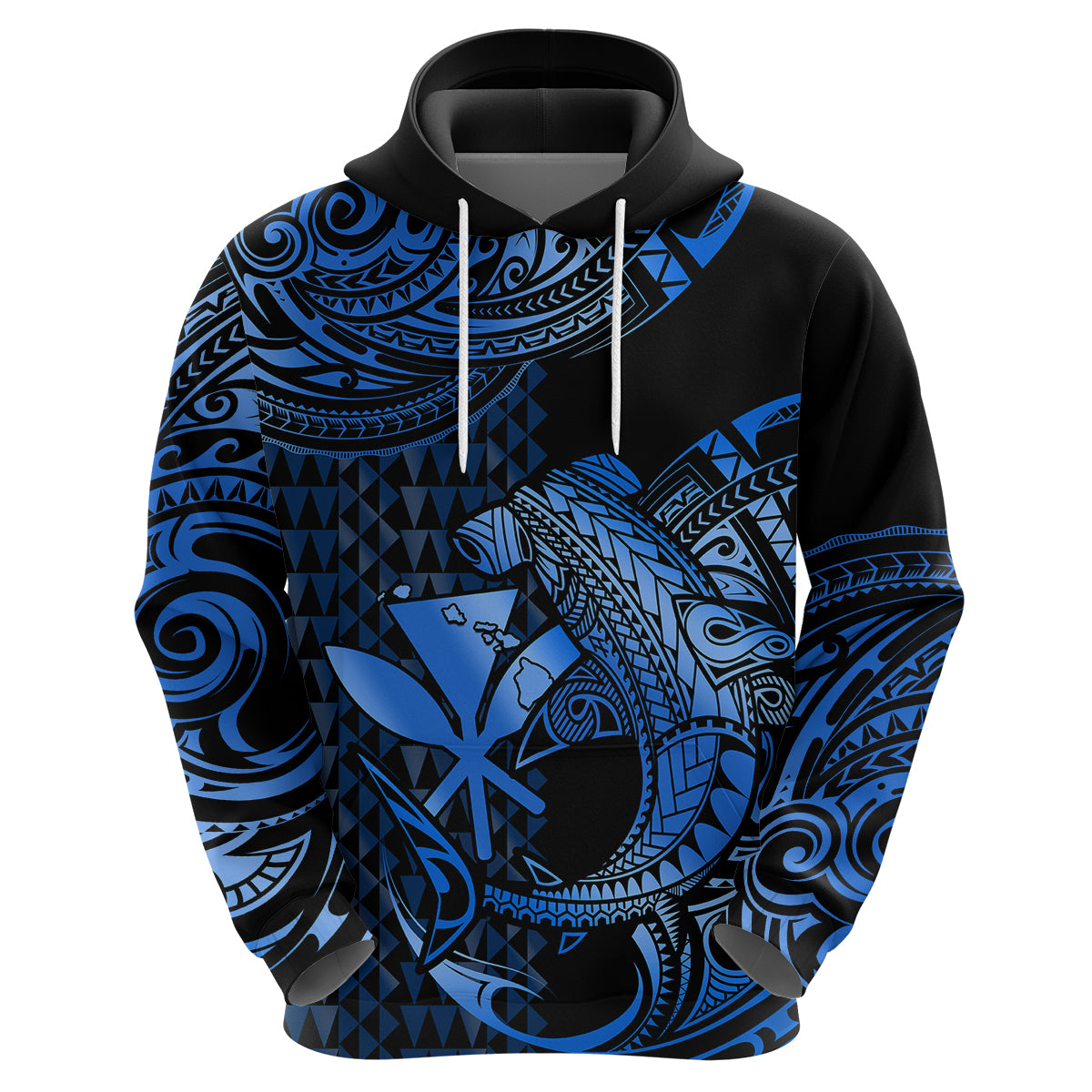 Custom Hawaii Hammerhead Shark Polynesian Hoodie Polynesian Kakau With Kanaka Blue - Wonder Print Shop