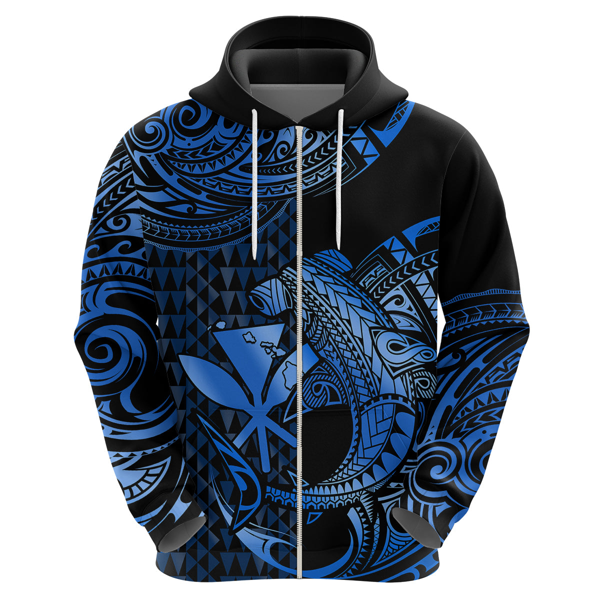 Custom Hawaii Hammerhead Shark Polynesian Hoodie Polynesian Kakau With Kanaka Blue - Wonder Print Shop