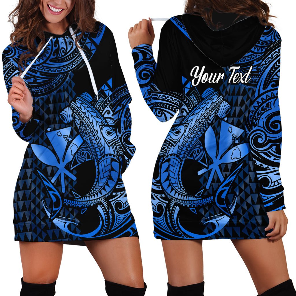 (Custom Personalised) Hawaii Hammerhead Shark Hoodie Dress Polynesian Kakau With Kanaka Blue - Wonder Print Shop