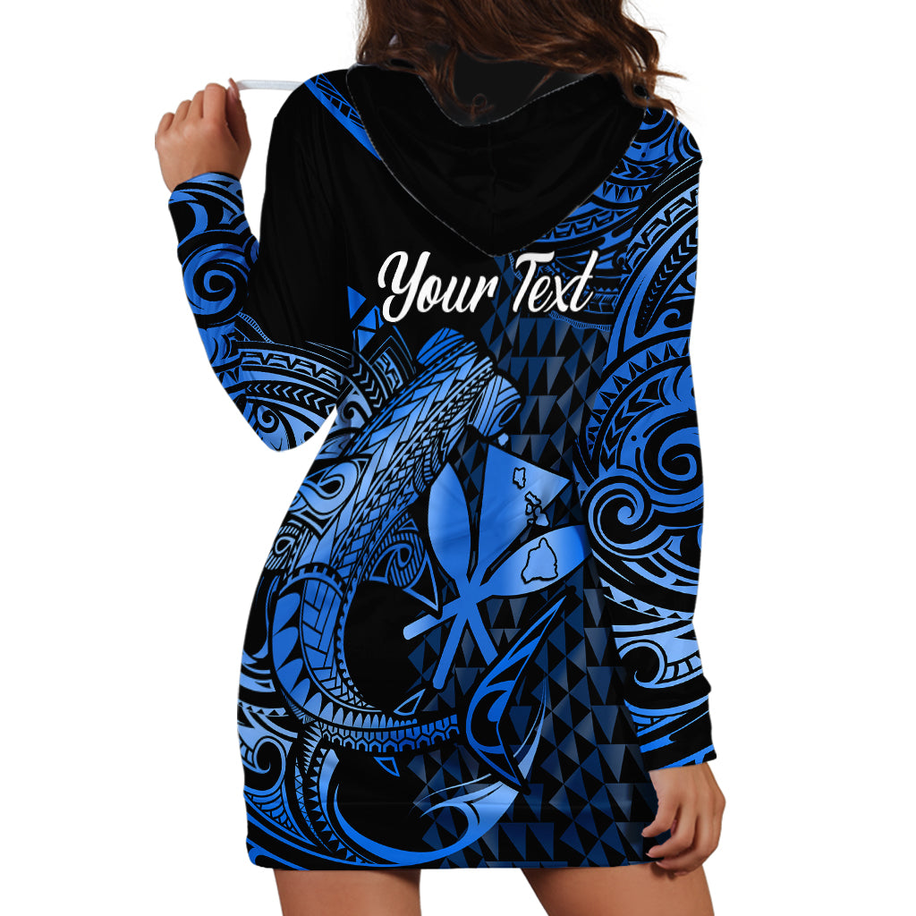 (Custom Personalised) Hawaii Hammerhead Shark Hoodie Dress Polynesian Kakau With Kanaka Blue - Wonder Print Shop