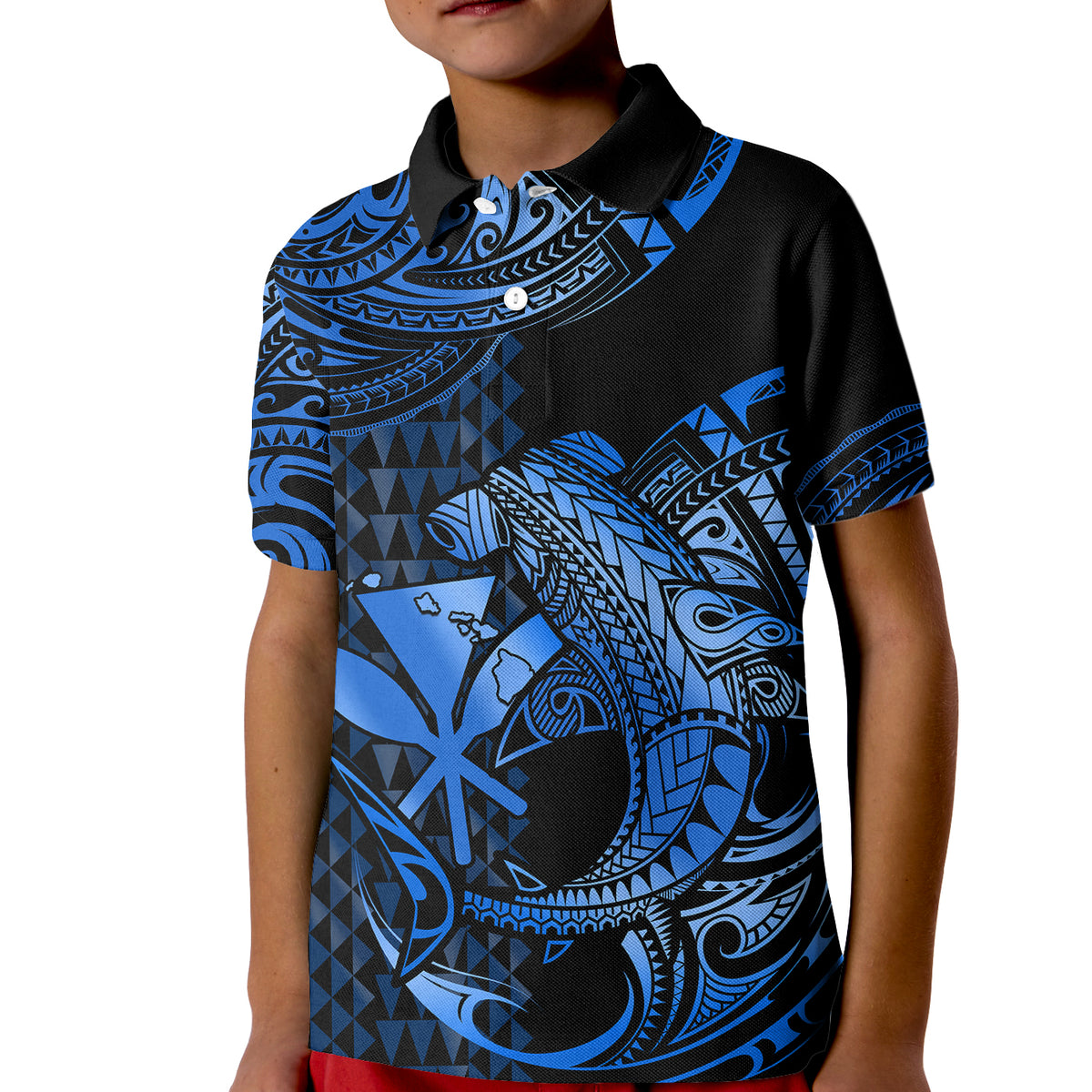 Custom Hawaii Hammerhead Shark Polo Shirt for Kid Polynesian Kakau With Kanaka Blue - Wonder Print Shop