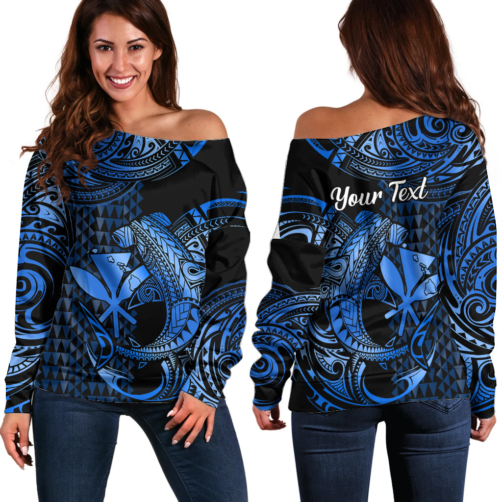 (Custom Personalised) Hawaii Hammerhead Shark Off Shoulder Sweater Polynesian Kakau With Kanaka Blue - Wonder Print Shop