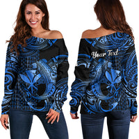(Custom Personalised) Hawaii Hammerhead Shark Off Shoulder Sweater Polynesian Kakau With Kanaka Blue - Wonder Print Shop