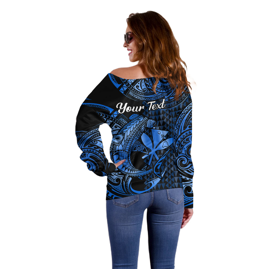 (Custom Personalised) Hawaii Hammerhead Shark Off Shoulder Sweater Polynesian Kakau With Kanaka Blue - Wonder Print Shop