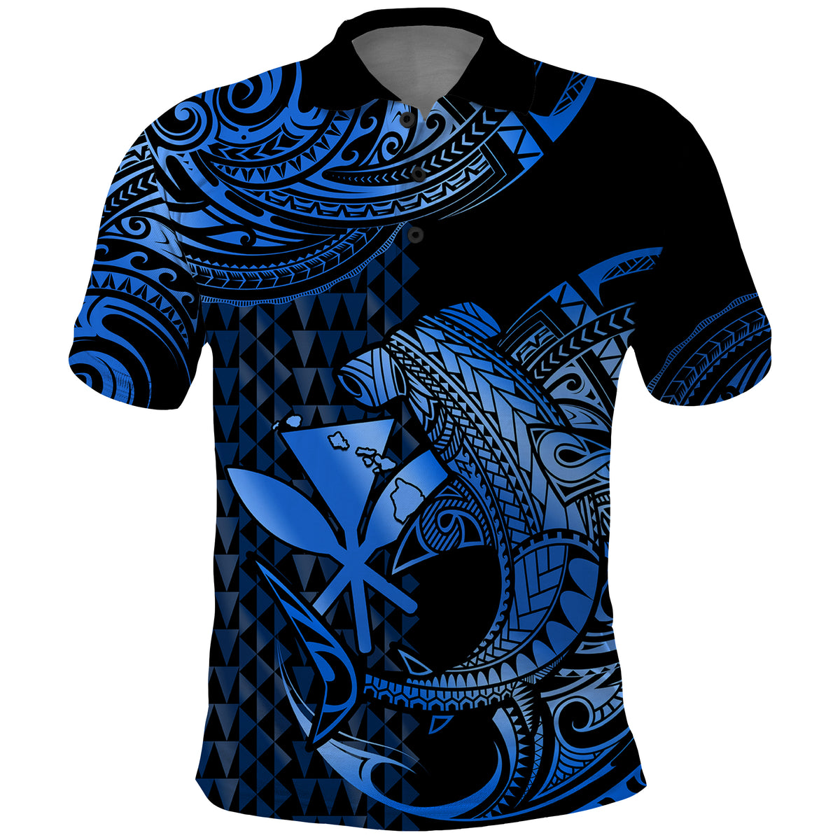 Custom Hawaii Hammerhead Shark Polynesian Tatoo Polo Shirt Polynesian Kakau With Kanaka Blue - Wonder Print Shop