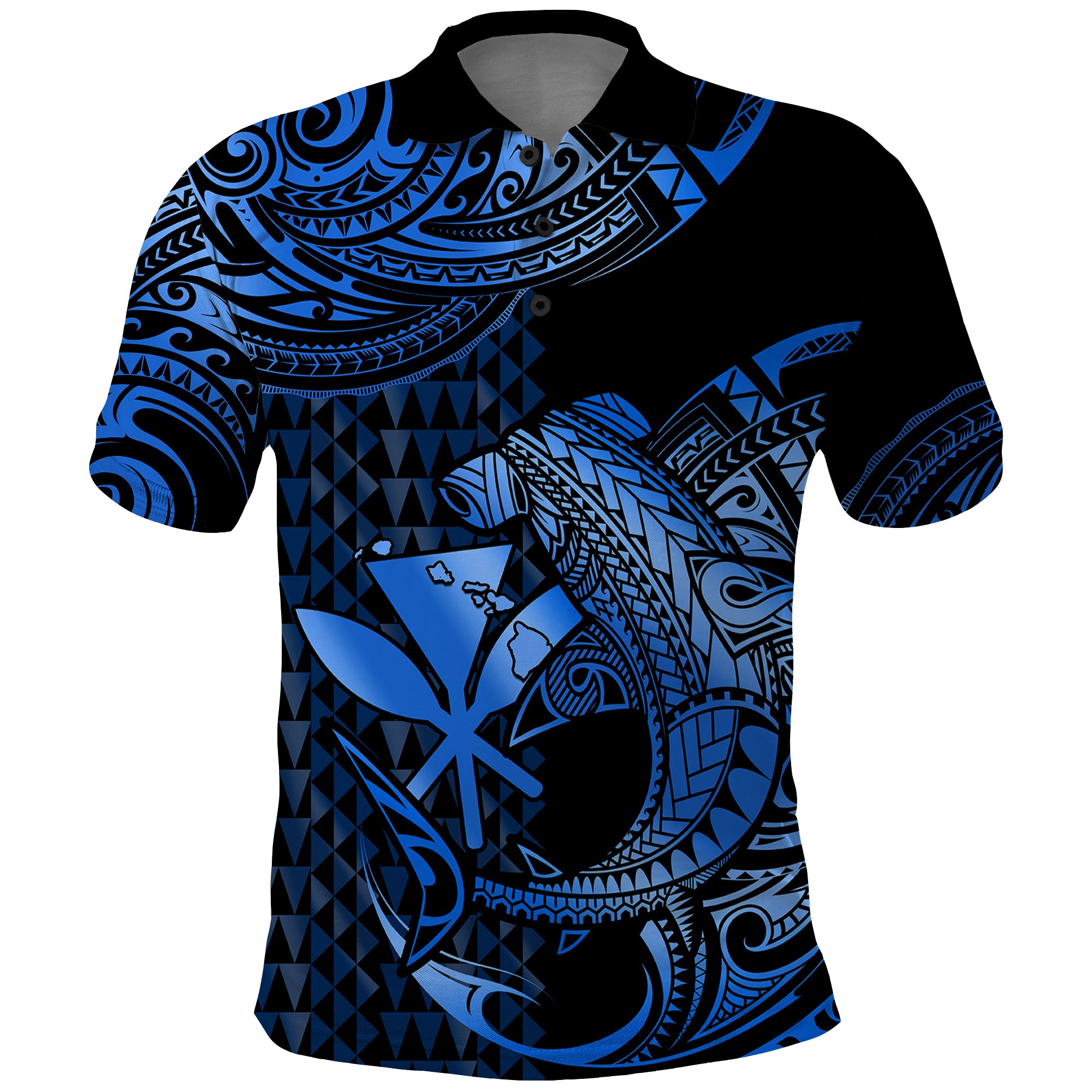 Custom Hawaii Hammerhead Shark Polynesian Tatoo Polo Shirt Polynesian Kakau With Kanaka Blue - Wonder Print Shop