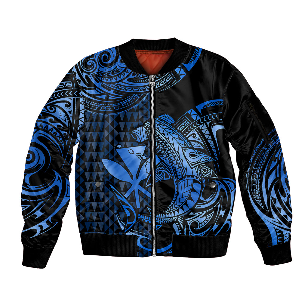 (Custom Personalised) Hawaii Hammerhead Shark Sleeve Zip Bomber Jacket Polynesian Kakau With Kanaka Blue - Wonder Print Shop