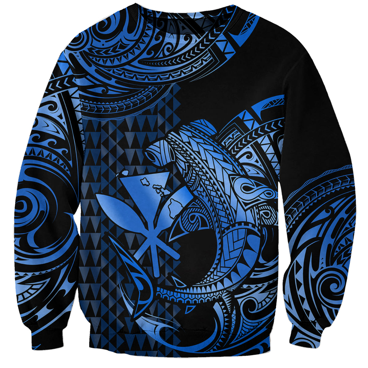 (Custom Personalised) Hawaii Hammerhead Shark Sweatshirt Polynesian Kakau With Kanaka Blue - Wonder Print Shop