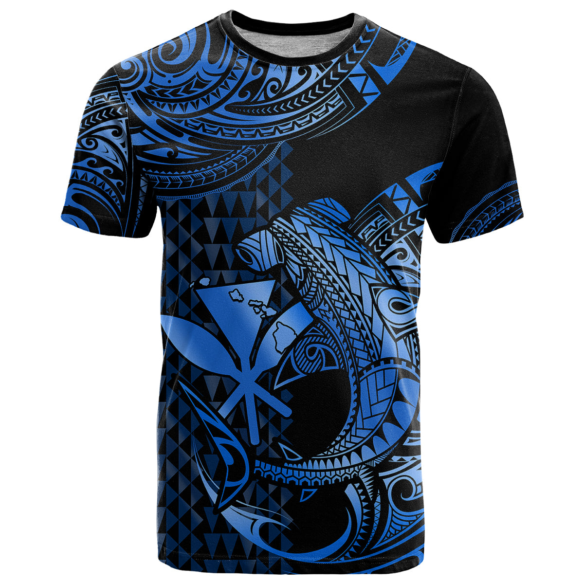 Custom Hawaii Hammerhead Shark T Shirt Polynesian Kakau With Kanaka Blue - Wonder Print Shop