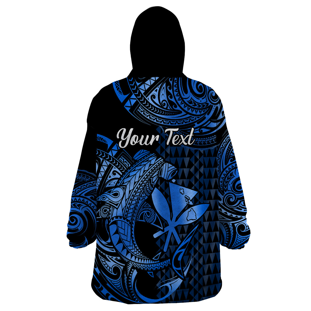 (Custom Personalised) Hawaii Hammerhead Shark Wearable Blanket Hoodie Polynesian Kakau With Kanaka Blue - Wonder Print Shop